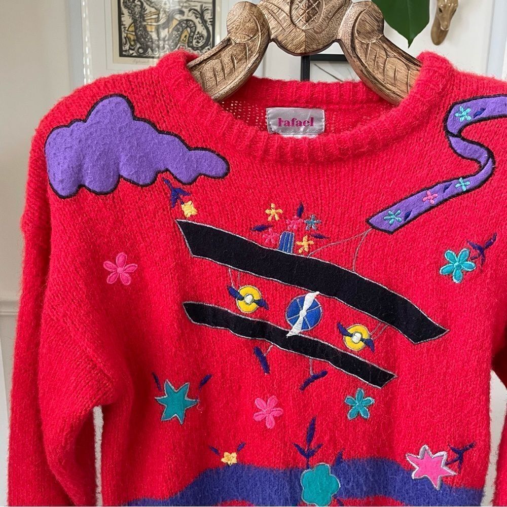 Vintage 80s 1980s Rafael Acrylic Mohair Biplane Airplane Novelty Sweater M - Picture 2 of 10